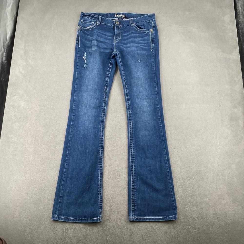 Amethyst Womens Y2K Bootcut Jeans Blue Thick Stitch Embroidered Pockets Size 11